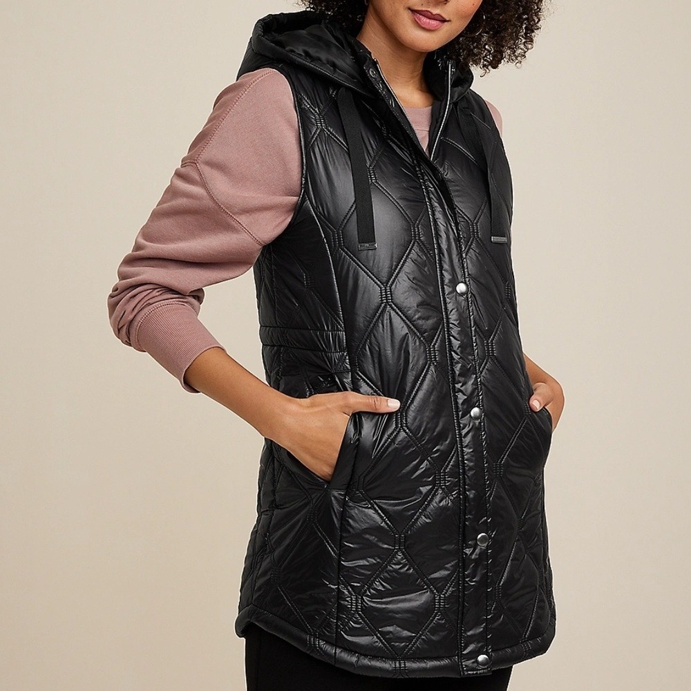 NEW Maurices Longline Puffer Vest Sz‎ L Black Quilted Hooded NWT